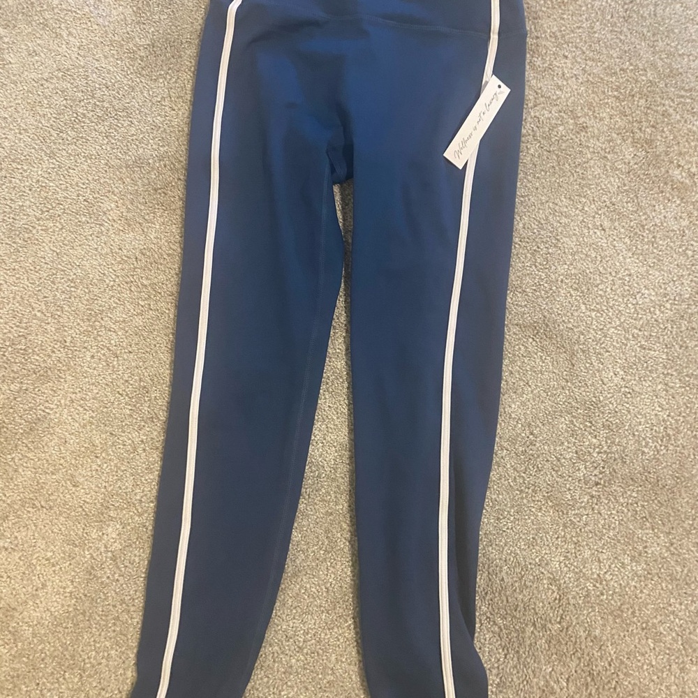 Senita Athletics Navy streamline Leggings with White Stripes